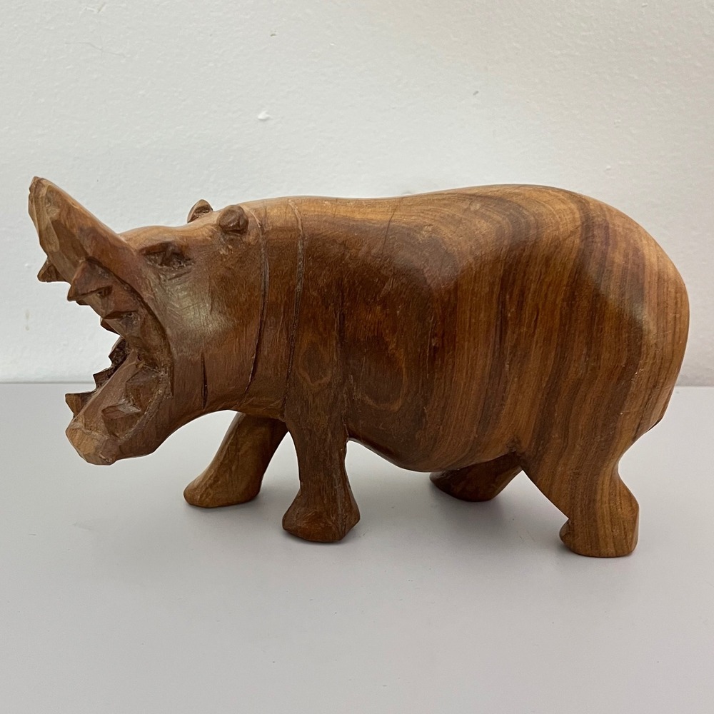 Vintage African  Hand Carved‎ Wood Hippopotamus Open Mouth Hungry Hippo